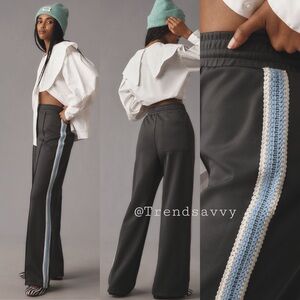 ANTHROPOLOGIE Maeve Navy Pull-On Track Trousers Pants M Crochet Trim Wide Leg